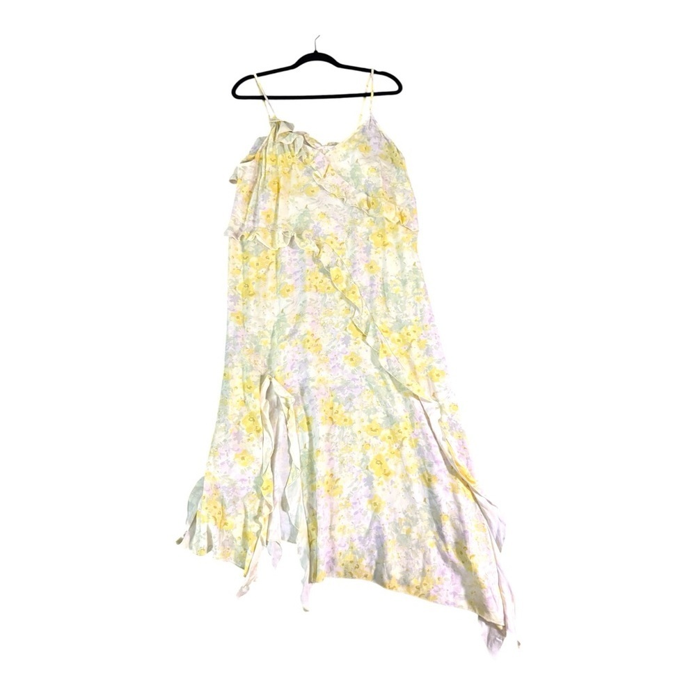 H&M Yellow Floral Ruffle Handkerchief Hem Midi Dress L Cottagecore Romantic Boho - Picture 2 of 6